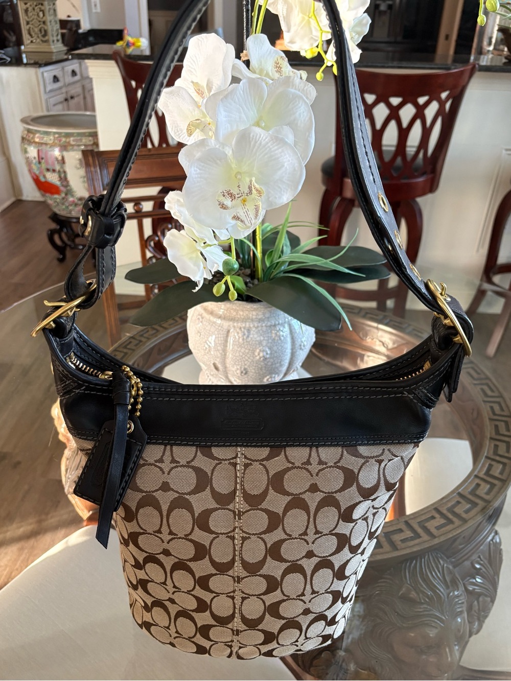 🤎🖤VINTAGE Y2K COACH SIGNATURE BLEAKER BUCKET/DUFFLE KHAKI/ BLACK BAG! 🤎🖤11437